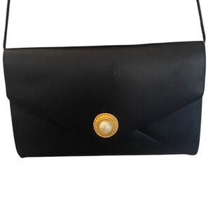 Vintage 90s Mervyns Formal Black Clutch Gold Pearl  Crossbody Clutch Evening bag